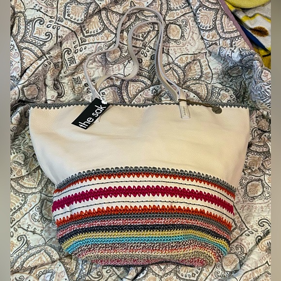 The Sak Faye Large Genuine Leather Tote Stone With Multicolored Crochet Stripes - Picture 2 of 13